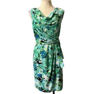 LF Leslie Fay Dress 10 Green Blue Yellow Ivory Stretch Career Party Summer
